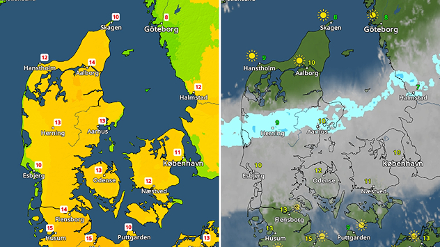 Sammenligning af to vejrkort over Danmark med mildt vejr og senere byger over landet.