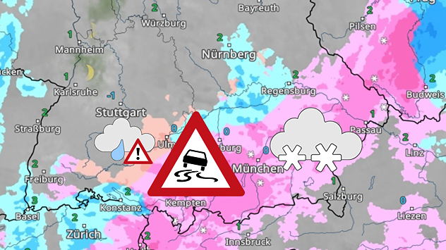 WetterRadar-Karte mit Schnee- und Eisbereichen in Süddeutschland. Warnsymbole für Glätte und Schneefall über Bayern und Baden-Württemberg. Hervorgehobene Gefahrenzonen rund um München und die Alpen.