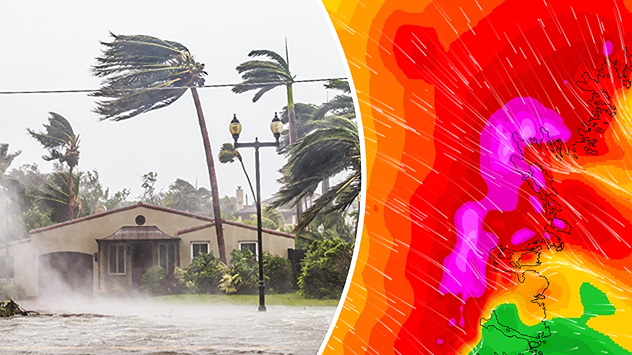 Отляво: снимка на огънати от ураганен вятър палми Отдясно: карта на вятъра с ураганни пориви