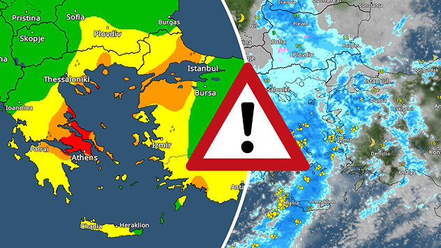 The weather radar and warning map show severe thunderstorms and heavy rain in Greece and western Turkey.