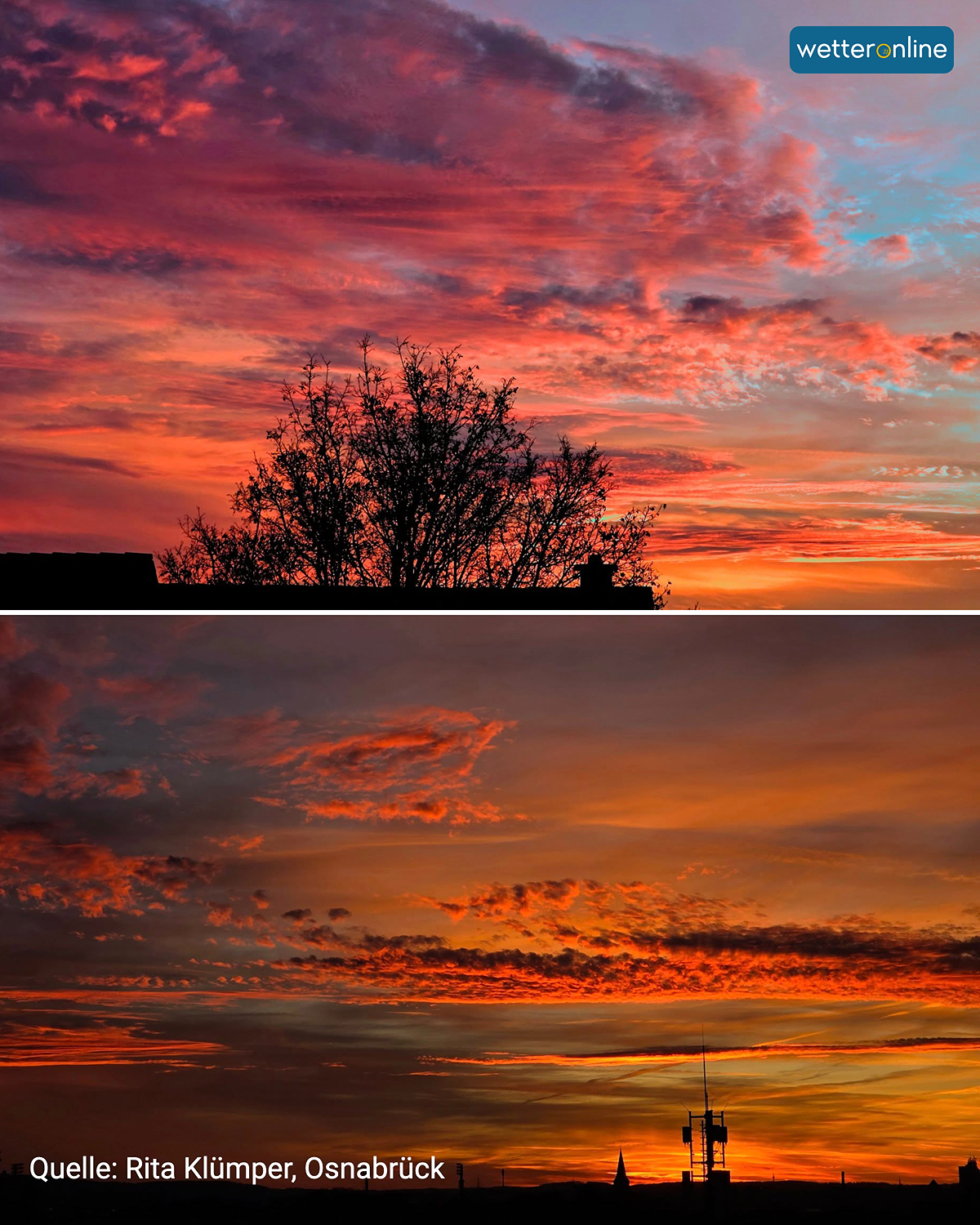 Roter und orangefarbener Abendhimmel über Osnabrück mit dunklen Silhouetten von Bäumen und Gebäuden.