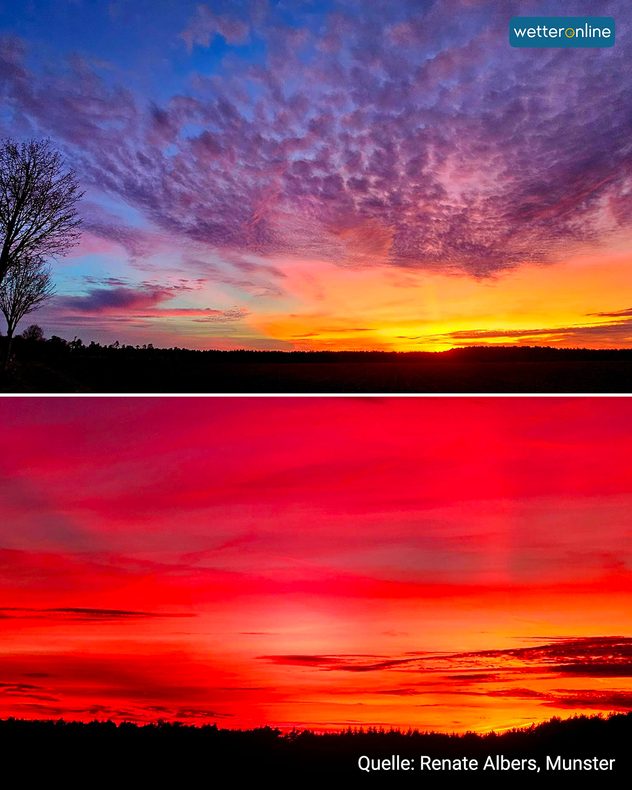 Leuchtender Sonnenuntergang über Munster mit rot-orangefarbenem Himmel und Silhouetten der Landschaft.