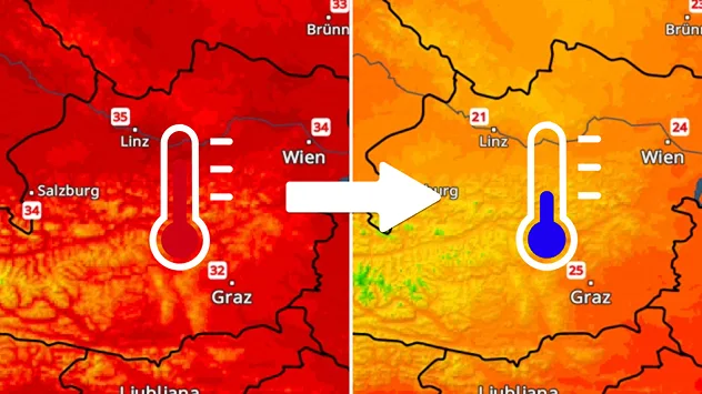 Temperaturvergleich zwischen Samstag und Montag in Österreich