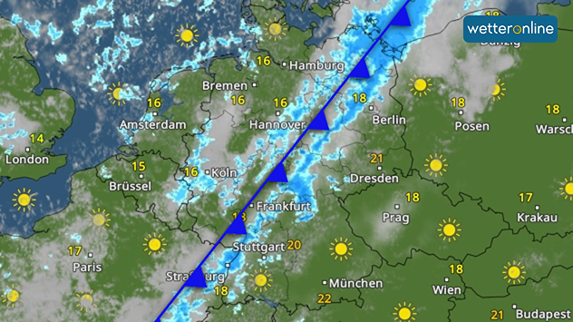 WetterRadar mit einer Kaltfront und Regen über Deutschland.