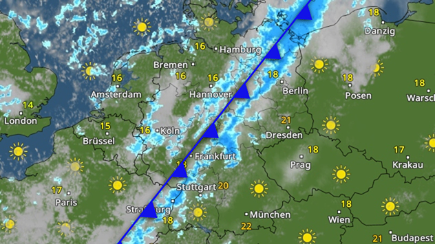 WetterRadar mit einer Kaltfront und Regen über Deutschland.