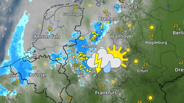 Wetterkarte von Mitteleuropa mit Gewittern im Westen und Nordwesten Deutschlands. Blitze und Regen ziehen von Nordrhein-Westfalen Richtung Niedersachsen. Im Osten überwiegend sonnig mit höheren Temperaturen.
