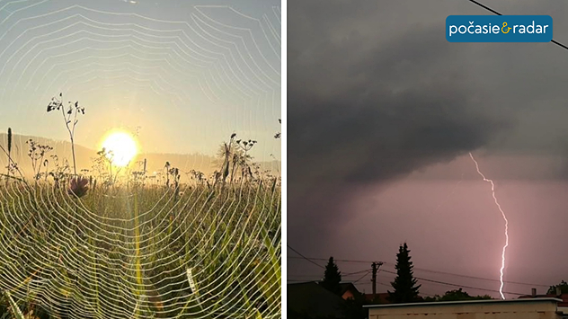 Rozdelený obrázok - vľavo jasná obloha a pavučina, vpravo búrka s bleskom.