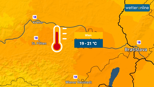 Eine Temperaturkarte von Wien und Umgebung zeigt meist 19 bis 22 Grad an.