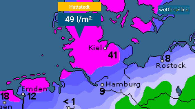 Wetterkarte Norddeutschland mit Starkregen, Hattstedt 49 l/m².