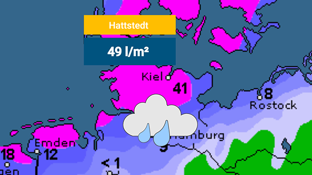 Wetterkarte Norddeutschland mit Starkregen, Hattstedt 49 l/m².