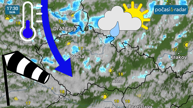 Meteoradar, screenshot, 23. 8. 17:30: Studené severozápadní proudění do Česka v sobotu přináší chladné a větrné počasí s přeháňkami.