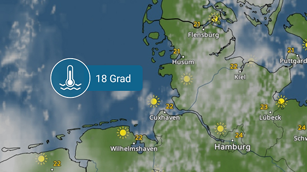 Wetterkarte mit Sonnensymbolen über Norddeutschland. In der Nordsee bei Cuxhaven wird eine Wassertemperatur von 18 Grad angezeigt. Temperaturen an Land liegen bei 21 bis 24 Grad.