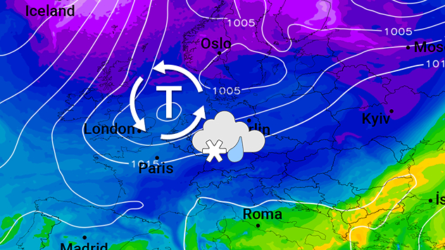 Wetterkarte mit Kaltluft und Tiefdruckgebiet über Europa, Schneesymbole über Mitteleuropa.