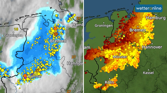 Links das WetterRadar, rechts das BlitzRadar für den Nordwesten Deutschlands.