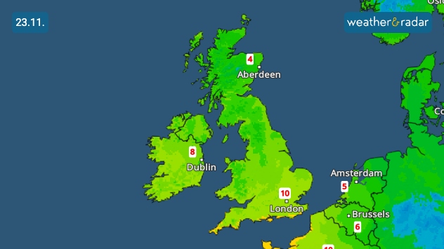 Temperature map of the UK and Ireland dated 23 November showing values from 4°C in Aberdeen to 10°C in London, with Dublin at 8°C and cooler greens over northern areas.