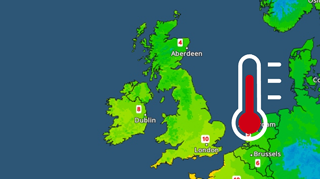 Temperature map of the UK and Ireland with values from 4°C in Aberdeen to 10°C in London and 8°C in Dublin, featuring a red thermometer icon on the right side over Northern Europe.