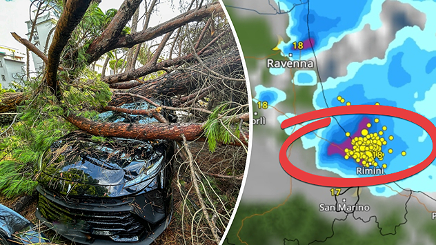 Combinatie van foto van stormschade en weerradar met onweerszone bij Rimini.