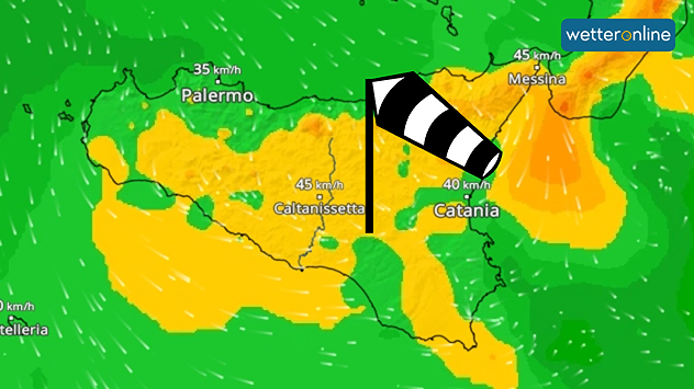 Das WindRadar zeigt kräftige Böen auf Sizilien. Sie liegen zwischen 40 und 60 km/h.