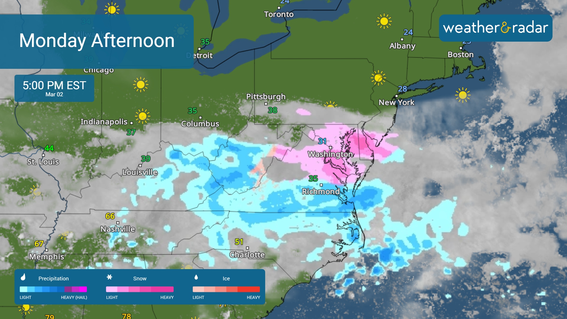 The WeatherRadar shows a wintry mix over the Mid-Atlantic this afternoon.