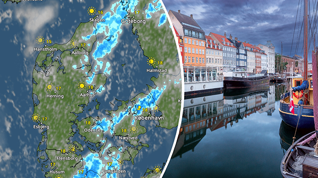 VejrRadar over Danmark med lokale byger kombineret med foto af Nyhavn under skiftende sommervejr.