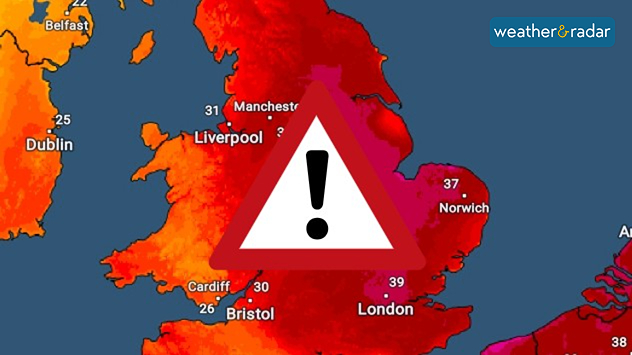 Temperature map of England showing widespread extreme heat, with temperatures reaching 39°C near London, 37°C near Norwich, and over 30°C across much of the country, alongside a large warning symbol indicating dangerous conditions.