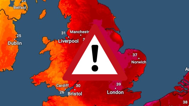 Temperature radar of 2022 heatwave where the all-time temperature record in the UK was set. Warning symbol overlain.