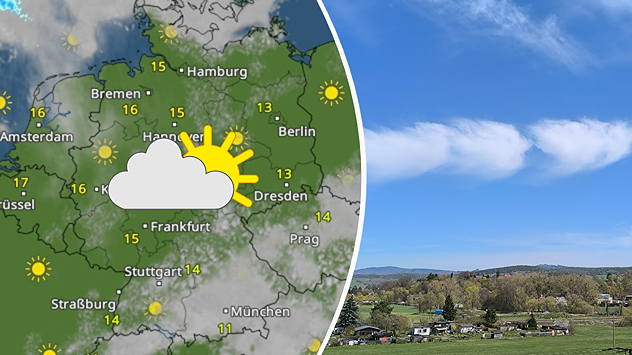 Geteilte Grafik: links eine WetterRadar-Karte von Deutschland mit Sonne-Wolken-Symbol, rechts eine Landschaft mit blauem Himmel in Wernshausen an der Werra, aufgenommen am 9. April 2026.
