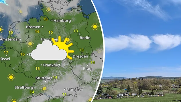 Geteilte Grafik: links eine WetterRadar-Karte von Deutschland mit Sonne-Wolken-Symbol, rechts eine Landschaft mit blauem Himmel in Wernshausen an der Werra, aufgenommen am 9. April 2026.