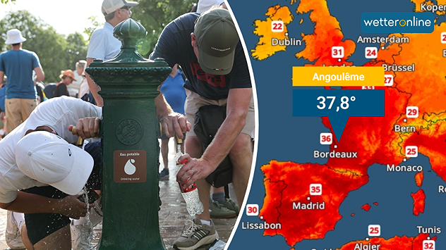 A composite image showing people at a drinking fountain and the Temperature Radar. The map shows Thursday's high temperatures, with up to 37.8 degrees in Bordeaux and widespread temperatures above 30 degrees in France and Spain.