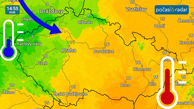 Teplotní radar, screenshot, 25. 3. 14:55: Ve středu přes Česko od severozápadu přechází studená fronta, která k nám přináší výrazné ochlazení.