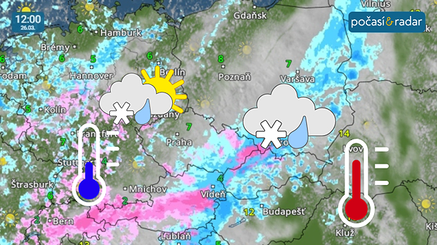 Meteoradar, screenshot, 26. 3. 12:00: Ve čtvrtek se budou ve zhruba jihovýchodní polovině naší země vyskytovat i trvalejší srážky, na zbylém území bude převládat proměnlivá oblačnost s občasným výskytem přeháněk.