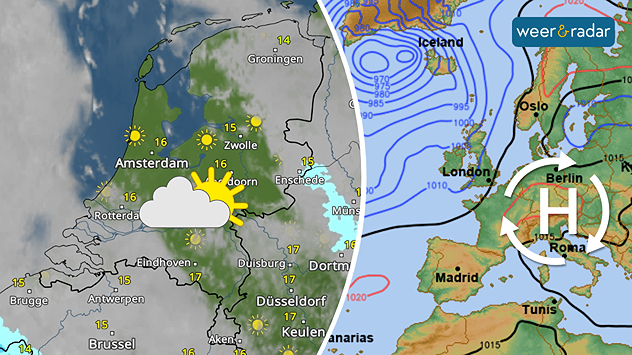Links een afbeelding met zon en wolken, dit symbool is ingetekend. Rechts een zwak hogedrukgebied ten zuidoosten van de Benelux, een hoog is daar ingetekend.