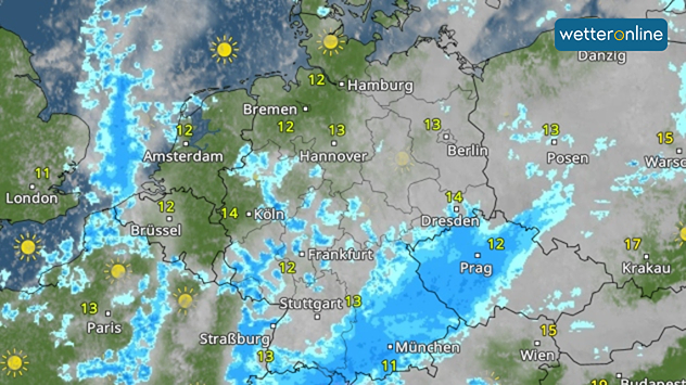 WetterRadar-Karte mit Regen über Süddeutschland und freundlicherem Wetter im Norden. Temperaturen um 11 bis 14 Grad, örtlich sonnige Abschnitte.
