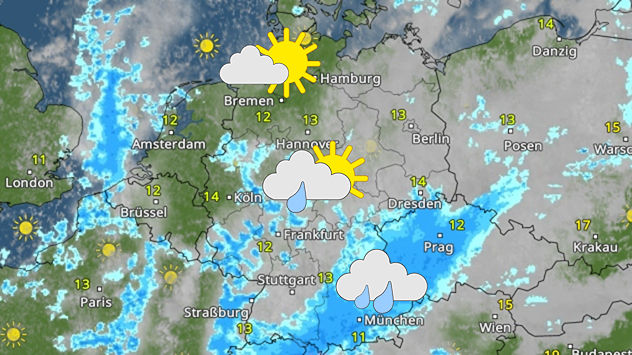 Sonntagswetter dreigeteilt WetterRadar-Karte mit Sonne im Norden und Regen im Süden Deutschlands. Temperaturen um 12 bis 14 Grad, Regengebiete über Mitte und Süden sichtbar.