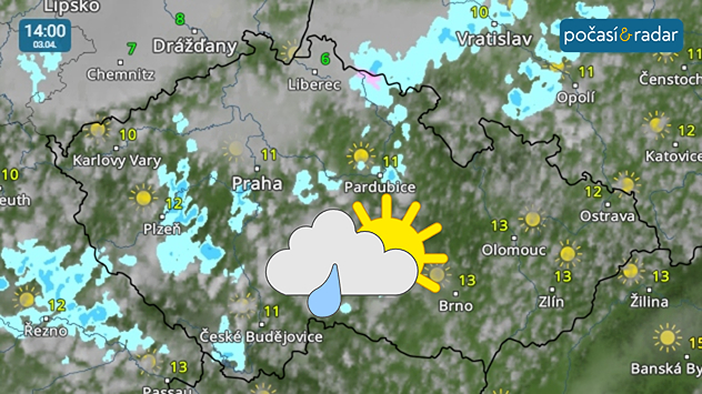 Meteoradar, screenshot, 3. 4. 14:00: V pátek se během dne dočkáme přechodně zvětšené oblačnosti, kterou na některých místech doprovodí i slabý déšť.
