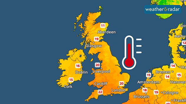 Temperature map of the UK and Ireland showing daytime highs in orange tones, with values from 11 in northern Scotland to 22 in southern England, alongside a red thermometer icon.