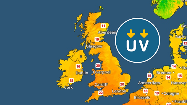 UK and Ireland map shaded in warm tones showing UV levels, with values up to 22 in southern England and lower values in Scotland, plus a circular UV icon.