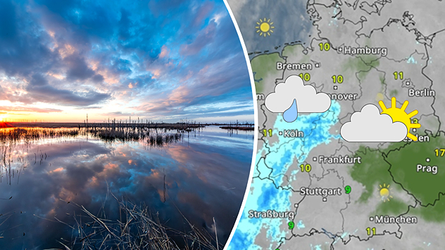 Geteilte Grafik: links spiegelnde Wasserlandschaft bei Sonnenuntergang in Pramort, aufgenommen am 10. April 2026, rechts eine WetterRadar-Karte von Deutschland mit Sonne und Regen.