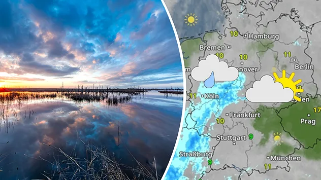 Geteilte Grafik: links spiegelnde Wasserlandschaft bei Sonnenuntergang in Pramort, aufgenommen am 10. April 2026, rechts eine WetterRadar-Karte von Deutschland mit Sonne und Regen.