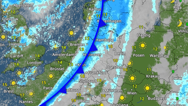 WetterRadar-Karte mit Kaltfront: Eine blaue Linie mit Dreiecken markiert den Durchzug der Kaltfront von Nordwest nach Südost. Dahinter klart es auf mit Sonne, davor Regengebiete – Temperaturen zwischen 10 °C und 19 °C.