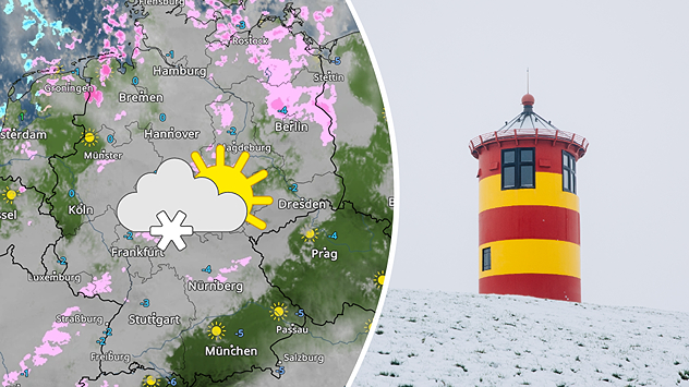 Links: WetterRadar-Karte vom 6. Januar zeigt Schnee und Schneeregen vom Westen bis nach Nordostdeutschland, teils mit Auflockerungen – markiert durch Schnee- und Sonne-Wolke-Symbol. Rechts: Der rot-gelb gestreifte Pilsumer Leuchtturm steht auf schneebedecktem Deich – farbenfroher Kontrast zum grauen Winterhimmel.