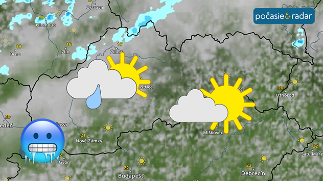 Snímka meteoradaru z vyznačením očakávaného počasia a chladu.