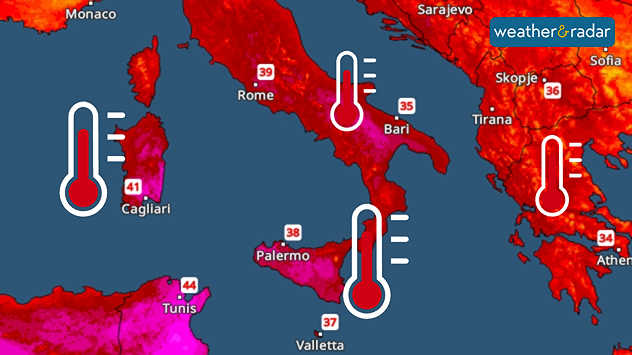Temperature map of Italy, Greece, and the central Mediterranean showing extreme heat, with 41°C in Cagliari, 39°C in Rome, 38°C in Palermo, and 44°C in Tunis.