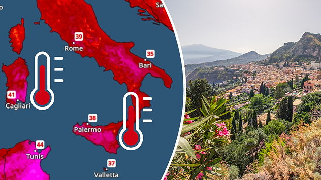 Split screen. On the left, a temperature map of Italy. On the right, a view of Taormina and Mount Etna