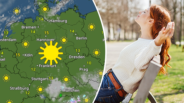 Links: Das WetterRadar für Dienstag. Rechts: Eine junge Frau, die auf der Bank sitzt und die Frühlingssonne genießt.