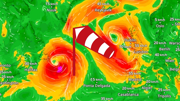 Carte météorologique montrant deux puissants cyclones au-dessus de l'Atlantique Nord. Vents violents près de Halifax et à l'ouest de l'Irlande.