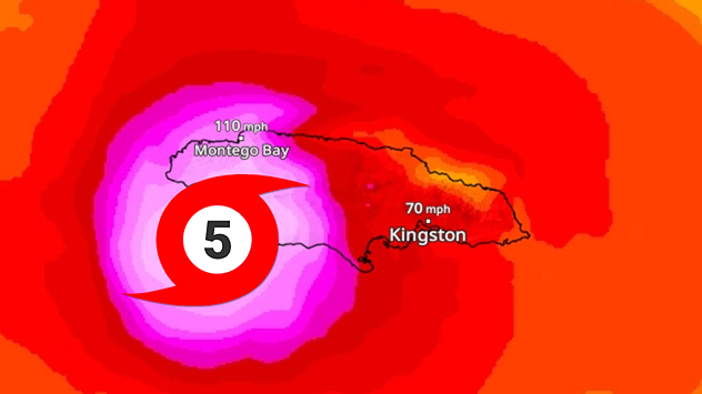 A weather map shows Hurricane Melissa over Jamaica. The Category 5 hurricane is moving over Montego Bay and Kingston with strong winds. Colours indicate wind speeds.