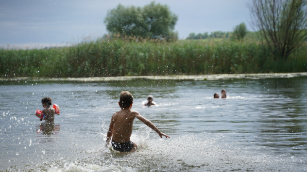 Kinder planschen in einem Badesee