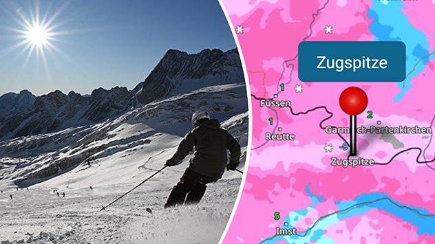 Skifahrer im Sonnenschein auf der Zugspitze und WetterRadar von Donnerstag