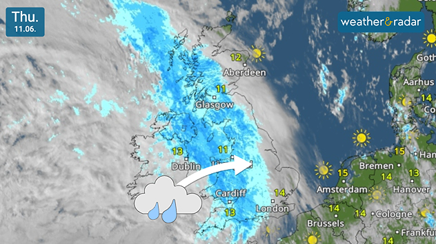 Satellite weather map of the UK and Ireland on Thursday 11.06 showing a broad band of rain moving east-northeast across Britain, with a rain cloud icon, directional arrow, and temperatures around 11–15°C.